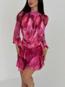 Vestido de manga larga ajustado con silueta de paraguas para mujer, nuevo para otoño/invierno, para uso casual/citas/salidas/maestras, vestido romántico con estampado de teñido anudado en púrpura y cuello alto con lazo en la cintura - Burdeos - Ver 11