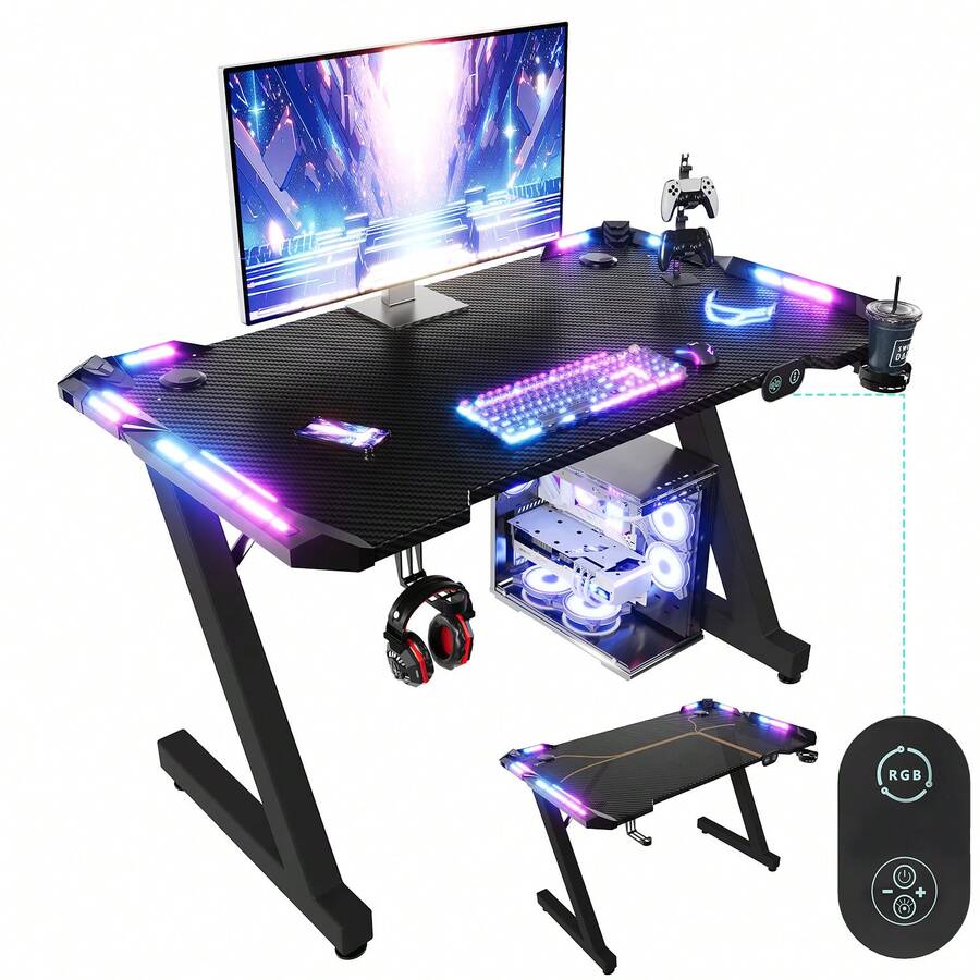 Gaming Desk, 80/120/140/160cm Gaming Table, Ergonomic Gamer Table Ergonomic PC Computer Table Stable Table With Cup Holder Black - Black - View 1