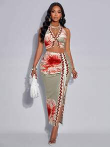 AIJ Amarilo Women's Elegant Tropical Print Ruched Hollow Out Fitted Metal Ring Buckle Niche Design Sleeveless Backless Camisole Top And Drawstring High Slit Skirt 2-Piece Set (Placement Print) Summer - Red-brown Flowers On Apricot Yellow Background - View 6