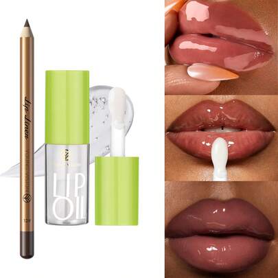 YOUNG VISION 2 piezas Combo de Labios: Compra 1 Aceite Labial Brillante Transparente, Hidratante y Humectante, Obtén 1 Lápiz Delineador de Labios Mate para Labios Definidos y Voluminosos, Versátil para Uso Diario, Trabajo, Escuela, Transporte, Maquillaje de Labios