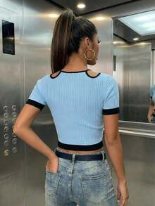 Polo femme décontracté de couleur unie, design avec bordure de couleur contrastée, Top d'été, tenue de vacances, Maia - Bleu ciel - Voir 3
