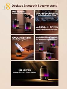 D8 Altavoz Bluetooth con soporte magnético 4 en 1 para mujeres, accesorio de moda 3C, espectáculo de luces RGB, sonido estéreo envolvente de 360° real, emparejamiento TWS y múltiples modos de escucha, soporte para teléfono con imán N52 de gran fuerza, ángulo y altura ajustables, compatible con iPhone 17/16/15/Pro/Pro Max, altavoz portátil con soporte magnético para escritorio, dormitorio, viaje - Ver 7