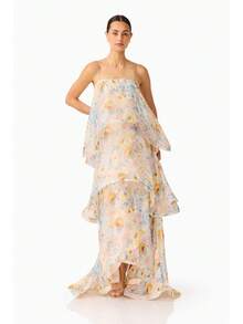 Brick Lane Co. 2026 European And American Summer And Sweet Printed Multi-Layer Cake Long Strap Dress Vacation Outfits Women Summer Outfits Women - 黃色 - 查看 7