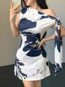 Vestido minimalista para mujer con estampado floral de tinta, hombro asimétrico con lazo, cintura ajustada - Negro - Ver 9
