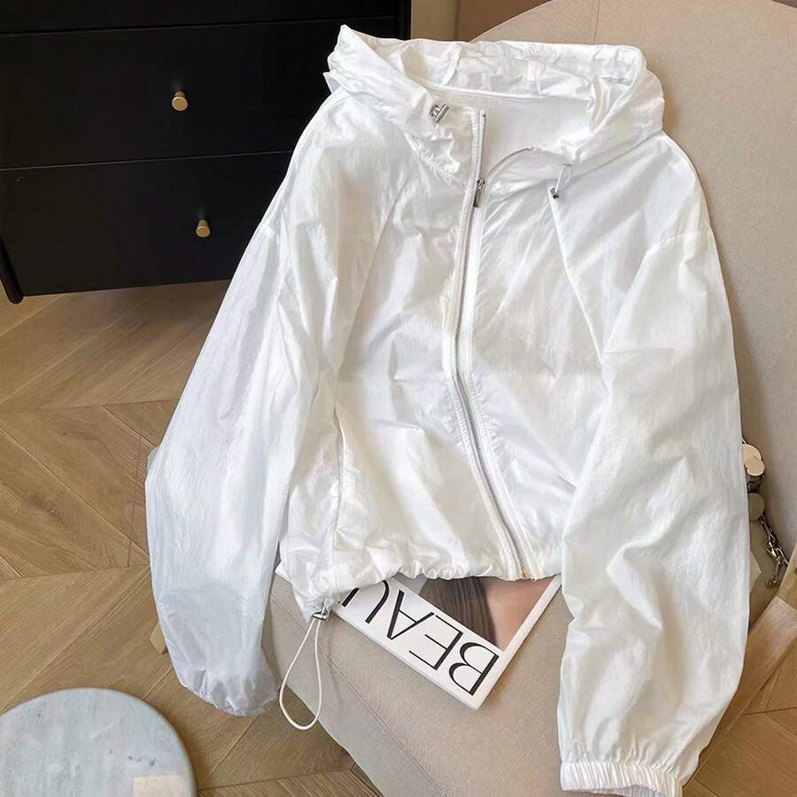 女款夏季新款白色寬鬆長袖拉鍊連帽輕量透氣防紫外線外套