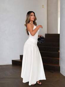 Set de 2 piezas con textura de lino, con cuello de corbata y dobladillo ajustado, para el verano y la playa - Blanco - Ver 3