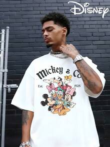 Disney Authorized Mickey Mouse Cartoon Pattern And Mickey Letter Print, Men's Black Pure Cotton Short Sleeved T-Shirt, Breathable White Short Sleeved T-Shirt, Suitable For Summer Wear, Neutral, Regular Round Neck Casual Style, Washable, Comfortable And Loose. - 白色 - 查看 1