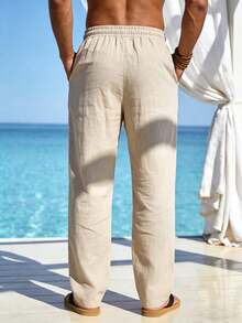 Men's Summer Casual Pants With Linen-Like Texture, Lightweight Loose Wide-Leg Trousers, Minimalist Design, Soft & Comfortable, 100% Polyester Fabric, Straight Leg Style With Adjustable Drawstring Waist, Suitable For Home Or Outdoor, Great Gift For Partner And Family, Multiple Colors Available - Apricot - View 2