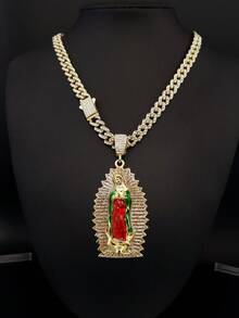 1 pièce Collier pendentif Vierge Marie mère de style hip hop rock punk plaqué or 14 carats pour hommes et femmes, chaîne cubaine épaisse - Le collier de la Vierge Marie - Voir 7