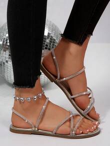 Minimalist Lightweight Round Toe Criss-Cross Strap Solid Color Glass Rhinestone Slip-On Sandals, Women Summer New Style Flat Sandals Suitable For Dresses, Fairy Style Two-Way Wear - Gold - View 5
