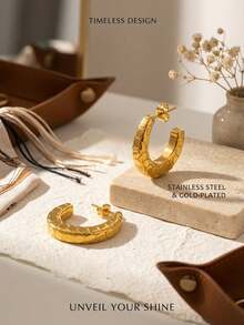 1 Pair Vintage Stainless Steel Elegance Modern Twist Hoops Everyday Luxury C-Shaped Twisted Hoop Earrings For Women, Tarnish-Resistant Gold-Plated Stainless Steel Earrings, Multiple Styles Available - Multicolor - View 7