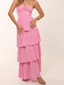 LONG DRESS WITH LAYERED RUFFLES, STRAP-FALL TWISTED AT THE BUST - 淺粉色 - 查看 5