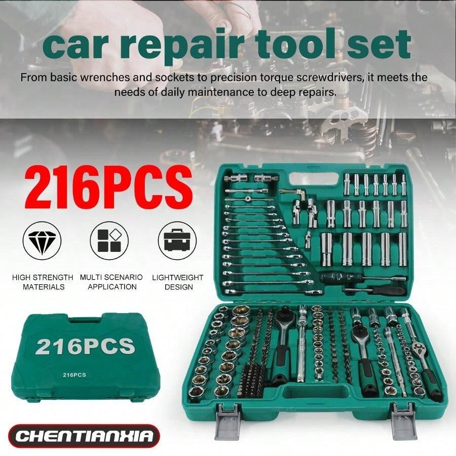 A Comprehensive Set Of 216 Professional Tools Housed In A Sturdy Carrying Case, Featuring 1/2", 3/8", And 1/4" Drive Depth And Standard Socket Ratchet Spanners. This Extensive Toolkit Is Ideal For Maintenance Tasks At Home, In The Garage - C - View 1