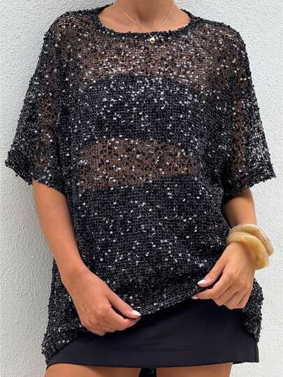 Women Sequin Sheer Short Sleeve Glitter T Shirt Oversized Sparkly Hollow Out Knit Cover Up Beach Y2K Mesh Tee Blouse