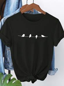 Estampado de patrón de pájaro manga corta 8398 - Negro - Ver 2