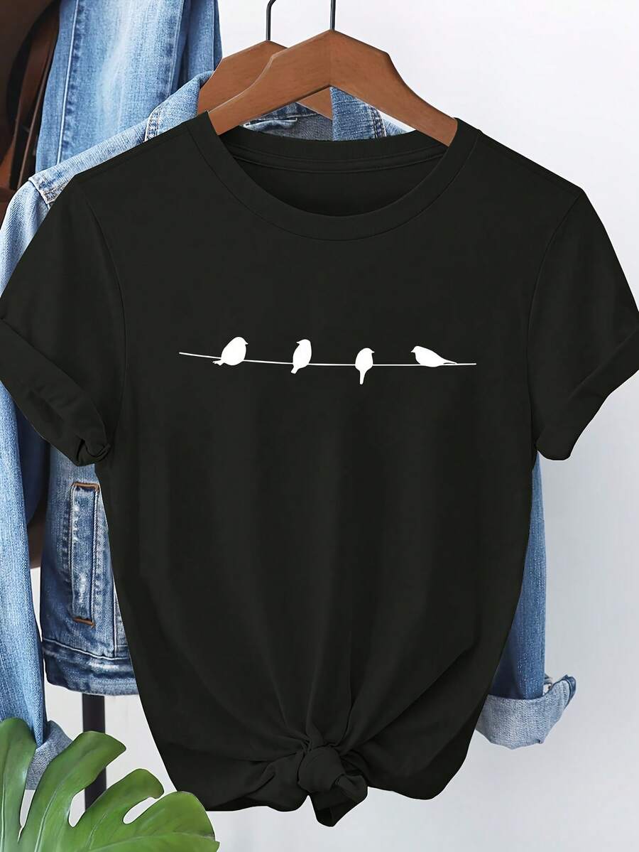 Estampado de patrón de pájaro manga corta 8398