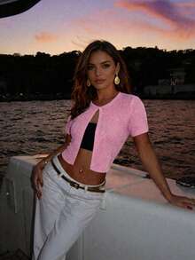 女士春夏新款针织上衣，休闲简约度假风，橙色纯色圆领短袖菱形纹理半开领设计，沙滩度假旅行穿搭，亮片上衣，女士夏季服装 - 粉紅 - 查看 9