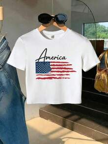 Womens Sexy Slim Fit American Flag T-Shirt| Patriotic Usa Graphic Tee In Green With Red & Blue Accents, Machine Washable, Casual Short Sleeve Top For Fourth Of July, Everyday Outfits & Themed Events, Comfortable Fabric,  Holiday Apparel - 白色 - 查看 7