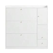 Versatile Tilting Shoe Cabinet With 3 Fold-Down Drawers, Storage Entryway Organizer With Drawer, Freestanding Shoe Rack With Fold-Down Bench For The Hallway, White, 119*24*122 - White - View 12