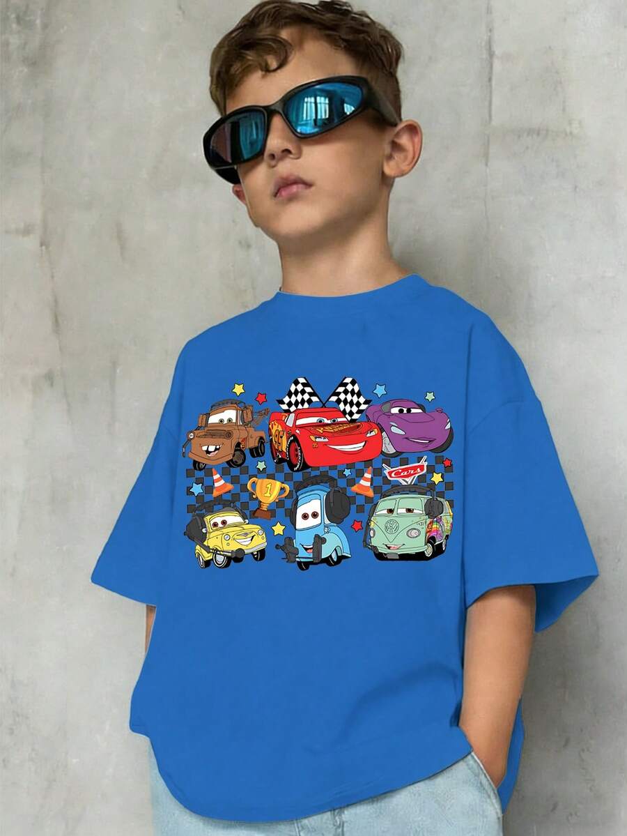 Summer Tops,Disney Cars Print Graphic Tee, Perfect For Cool Boys. Teen Boy Gift,Comfortable And Breathable Children's Short-Sleeved T-Shirt. 180g Pure Cotton Children's Clothes,Suitable For Both Boys And Girls.Suitable For Daily Wear, Vacations, Outdoor Activities, And As A Children's Gift. - Màu xanh lam - Xem 1