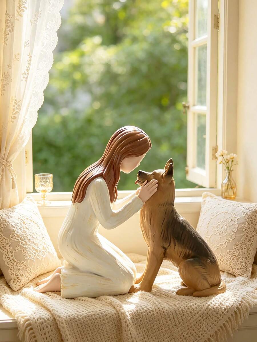 1件女孩与德国牧羊犬树脂摆件，温馨的宠物友谊雕像，乡村风格家居装饰品，非常适合摆放在客厅窗台、卧室书架上，是送给宠物爱好者的礼物，纪念女孩和她忠诚的狗狗之间的情谊。 - B - 查看 1