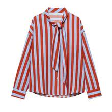 女士春夏优雅休闲蝴蝶结领撞色条纹衬衫 - 紅藍色 - 查看 4