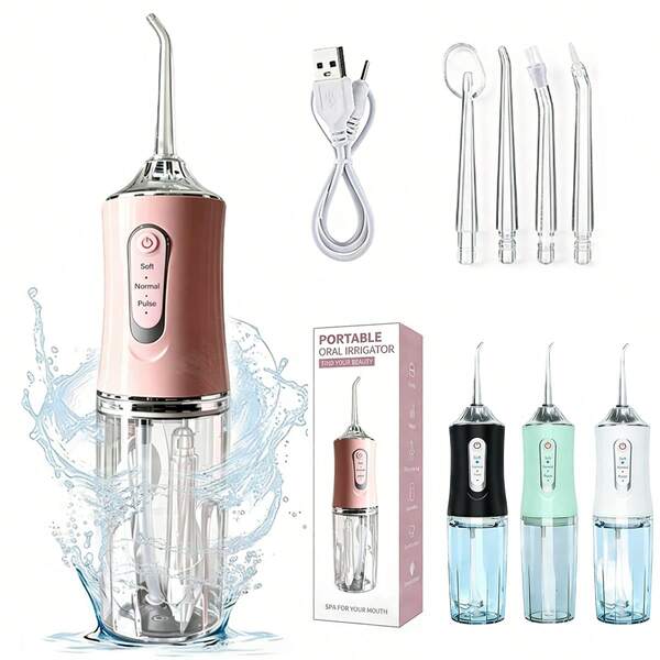 Juego de irrigador dental eléctrico, irrigador oral inalámbrico, 4 boquillas, boquilla giratoria a 360 grados, para el cuidado diario de los dientes y la limpieza de las encías de hombres y mujeres,regalo de san valentín,Tanque de agua de 220 ml,san valentín,PX7 Waterproof USB Rechargeable Water Dental Flosser