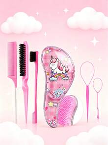 3/6-Piece Makeup Brush Set, Featuring Various Adorable Unicorn Combs To Choose From, Flip-Forward Styling Tools, Hair Band Scissors, Edge Brushes, Bristle Brushes, Teasing Combs. Suitable For Grooming, Styling And Cleaning. Suitable For Salon Use (In Pink And Purple) - Multicolor - View 6