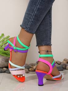 Neon Color Block Criss-Cross Strap High Heel Sandals, Eye-Catching Sexy Style - Color - View 5