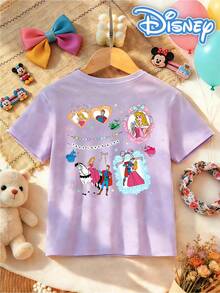 [Disney Authorized] Front: Aurora With Castle, Bow, Star Elements Back: Aurora And Prince Philip With Forest Animal Elements And Text "TRUE LOVE'S KISS" Double-Sided Print Pattern Girls' T-Shirt - Children's Clothing Design Short-Sleeve Casual Cute Style Comfortable And Relaxed Suitable For Boys And Girls, Perfect For Parties And Play Machine Washable Gift Children's Clothing Girls' Short-Sleeve Shirt - 紫丁香色 - 查看 5