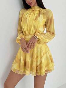 Vestido de manga larga ajustado con silueta de paraguas para mujer, nuevo para otoño/invierno, para uso casual/citas/salidas/maestras, vestido romántico con estampado de teñido anudado en púrpura y cuello alto con lazo en la cintura - Amarillo - Ver 6