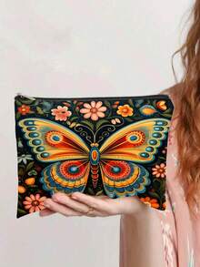 波西米亚曼陀罗蝴蝶印花化妆包，充满活力的民间艺术主题便携式拉链收纳袋 - 彩色 - 查看 2
