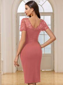 MIUSOL Vintage Sequin Floral Lace Wrap Hem Cocktail Party Bodycon Dress,Summer Dress,Office Wear For Women Elegant - Dusty Pink - View 2