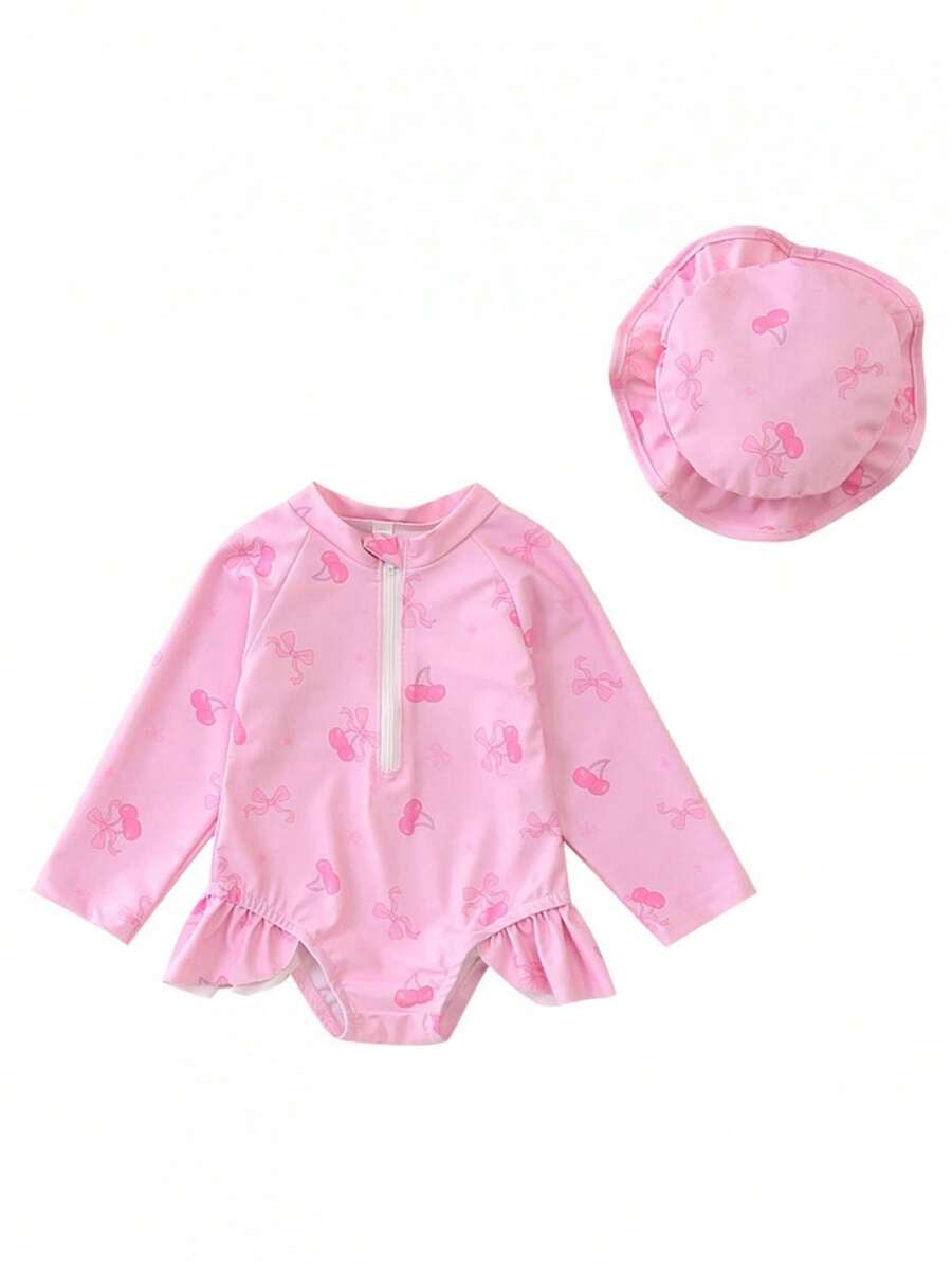 Rash Guard Swimsuits With Hat 2 Pcs Set Bow Pattern Zip Up Long Sleeve Crew Neck Baby Girls Swimwears - 紫色 - 查看 1