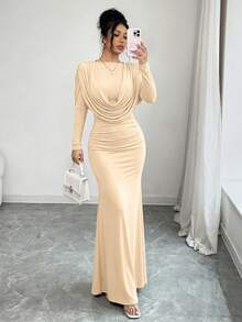 abyoxi Vestido maxi elegante de mujer de color albaricoque, suave y brillante - Presenta cuello drapeado, diseño con capucha y bajo de cola de pez, ideal para dama de honor, boda, té de la tarde, celebración de Año Nuevo y talla grande en primavera - Albaricoque - Ver 4