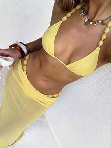 3件套女士波西米亚风露背串珠挂脖比基尼上衣和半透明开衩裙，时尚度假泳装沙滩夏季 - 淡黃色 - 查看 2