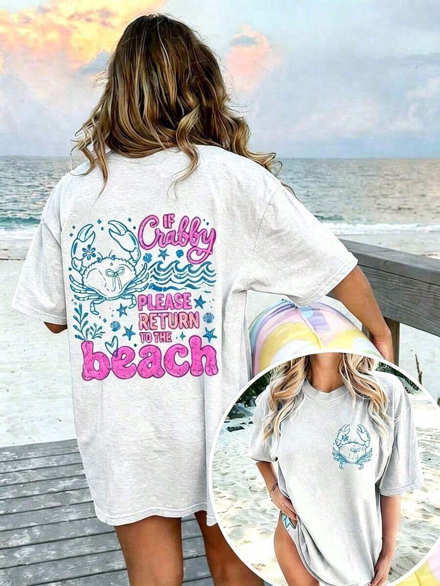 2026 Tropical Vacation OutfitsIf Crabby Please Return To The Beach Double Sided Crab Graphic Tee, Coastal Aesthetic Graphic Tees Women, Summer Fits F - 淺灰色 - 查看 1