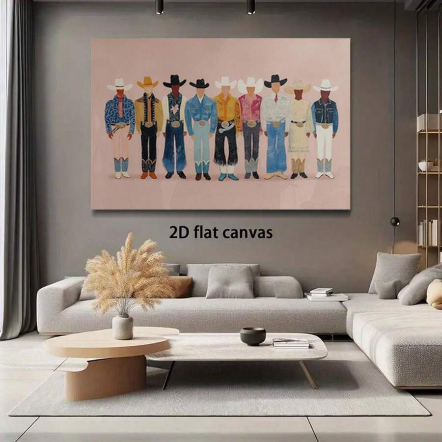 Enmarcado [2D Plano] Un  en lienzo  de varios tamaños con arte mural de mezclilla, estampados de moda western, decoración para sala de estar, rodeo de mezclilla rosa, arte para dormitorio, decoración western y arte ranchero. - Enmarcado - Ver 1