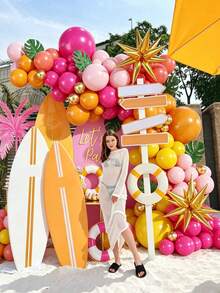 121pcs Summer Party Balloon Arch Set, Includes Gold Foil Star Balloons, Faux Turtle Shell Leaves, Yellow Orange Pink Latex Balloons, Suitable For Summer Parties, Holidays, Dining, Indoor Photoshoot, Tropical Hawaiian Parties, Beach Parties - Multicolor - View 4