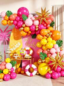 121pcs Summer Party Balloon Arch Set, Includes Gold Foil Star Balloons, Faux Turtle Shell Leaves, Yellow Orange Pink Latex Balloons, Suitable For Summer Parties, Holidays, Dining, Indoor Photoshoot, Tropical Hawaiian Parties, Beach Parties - Multicolor - View 1