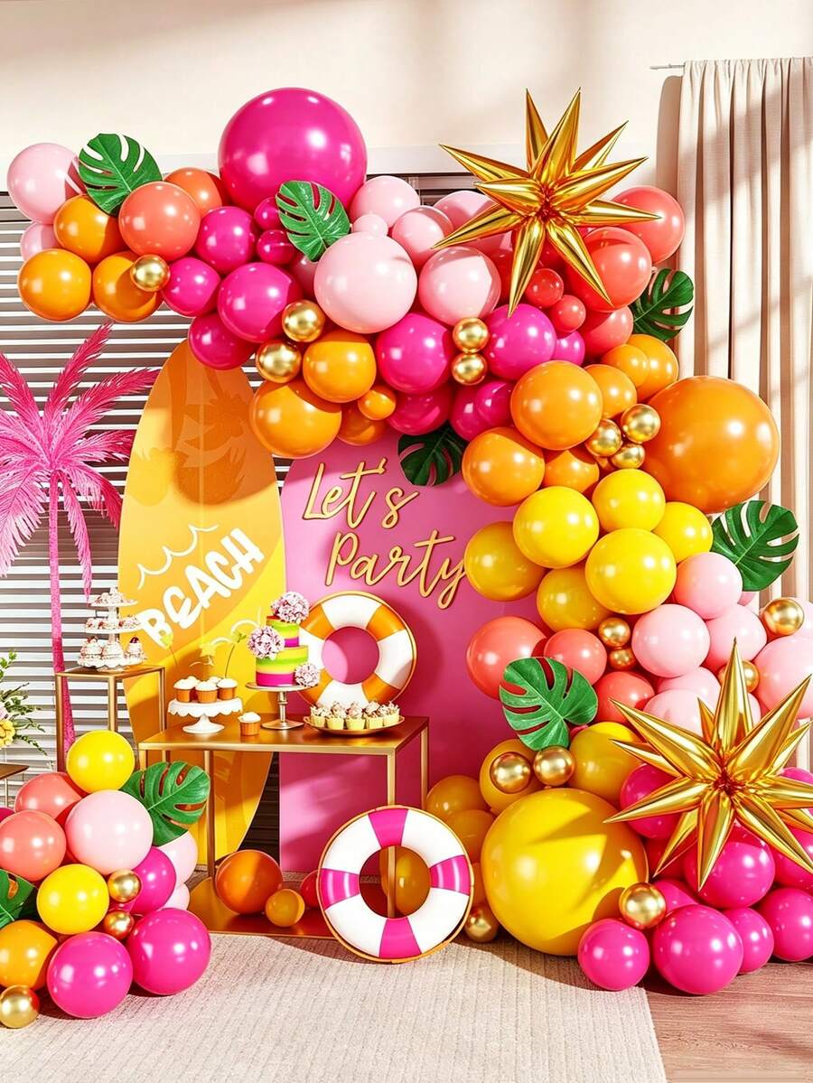 121pcs Summer Party Balloon Arch Set, Includes Gold Foil Star Balloons, Faux Turtle Shell Leaves, Yellow Orange Pink Latex Balloons, Suitable For Summer Parties, Holidays, Dining, Indoor Photoshoot, Tropical Hawaiian Parties, Beach Parties - Multicolor - View 1