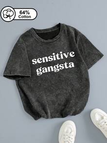 女士休闲日常穿搭，暗黑街头风，“Sensitive Gangsta”白色字母印花，复古雪洗短袖T恤，适合日常通勤、街头出行、休闲日常穿着，女士上衣，夏季服装，黑色图案印花 - 黑色 - 查看 1