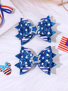 2pcs 4th Of July Blue Glitter Hair Bows For Girls Star Printed Bow Alligator Clips White Blue Striped Bow Hair Clips Delicate Independent Day Barrettes Patriotic Apparel Hairpins America 250th Anniversary Cute Headwear Teens Hair Accessories - Multicolor - View 8