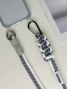 Keychain, Lanyard Gray & White Plaid Woven Detachable Shoulder Strap, Transparent Anti-Fall Full Coverage Phone Case Compatible With IPhone - Light Grey - View 2