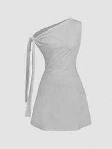 Vestido corto asimétrico elegante burdeos, diseño con lazos en hombro y pliegues en cintura, ideal para citas, fiestas y ocasiones de otoño e invierno - Gris - Ver 3