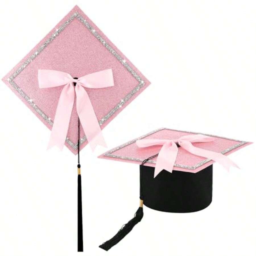 Dunzoom Rhinestone Graduation Cap With Tassel Bow Glitter Graduation Hat For Class Of 2026 Graduate Ceremony Adult Party Gift - Pink - View 1