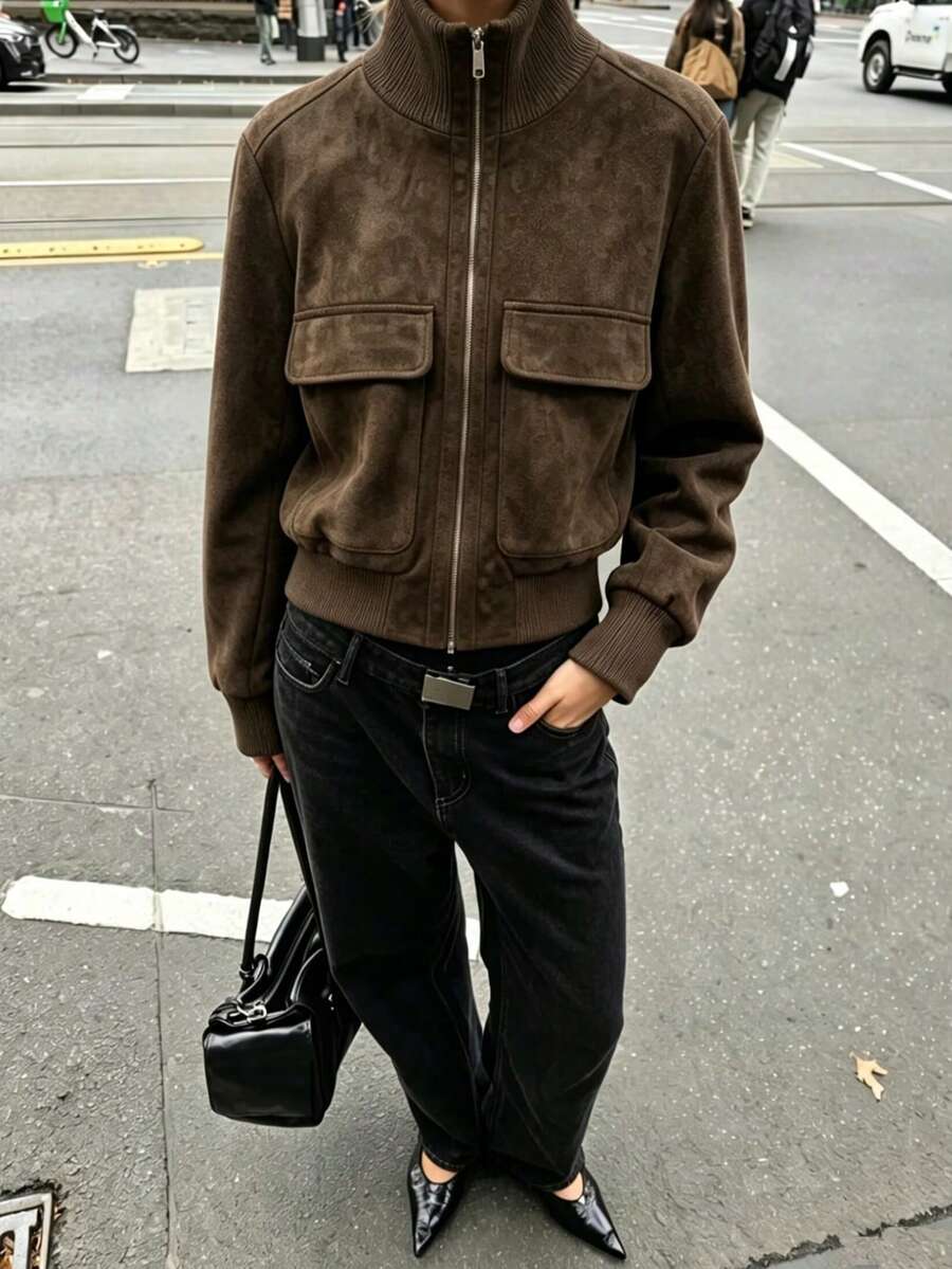 DEEKA 春秋新款女士外套，欧美简约罗纹立领飞行员夹克 - 棕色 - 查看 1