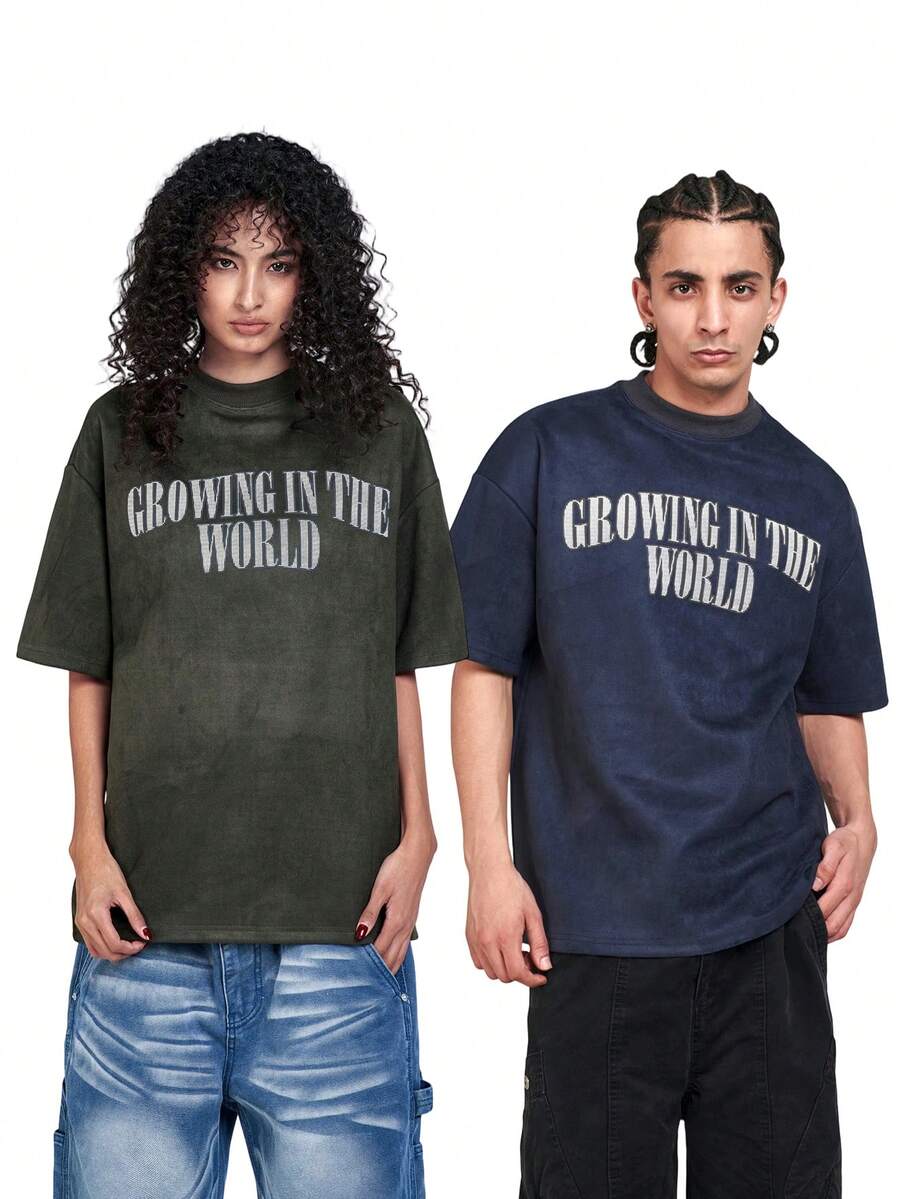 MT99 Heavyweight Versatile Suede Embroidered Short Sleeve Street Casual Chic - Dark Green - View 1
