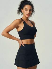 UONNOU Cross-Back Sports Bra, Seamless Long Fitness Top - Black - View 10