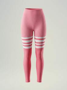 UONNOU Seamless Striped Sports Leggings, Butt Lifting Compression Workout Pants - Pink - View 4
